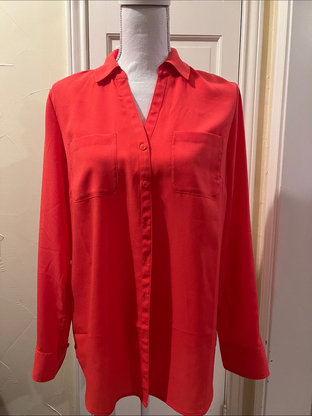Talbots Bright Red/Orange Button-Front Blouse with button-tab sleeve. 100% Poly.